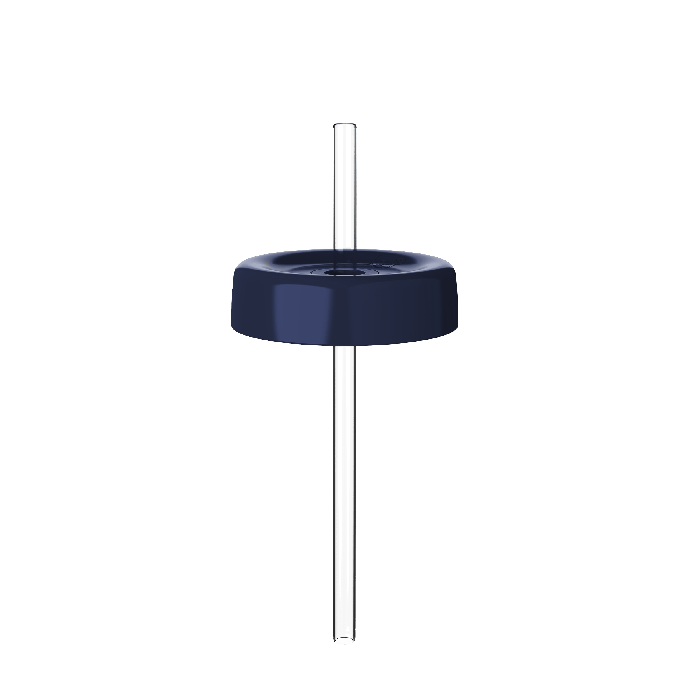 Navy blue Commuter Coffee Straw Lid for L 16oz KeepCup shown from a straight-on angle with a clear reusable straw inserted through the center opening, displayed against a white background.