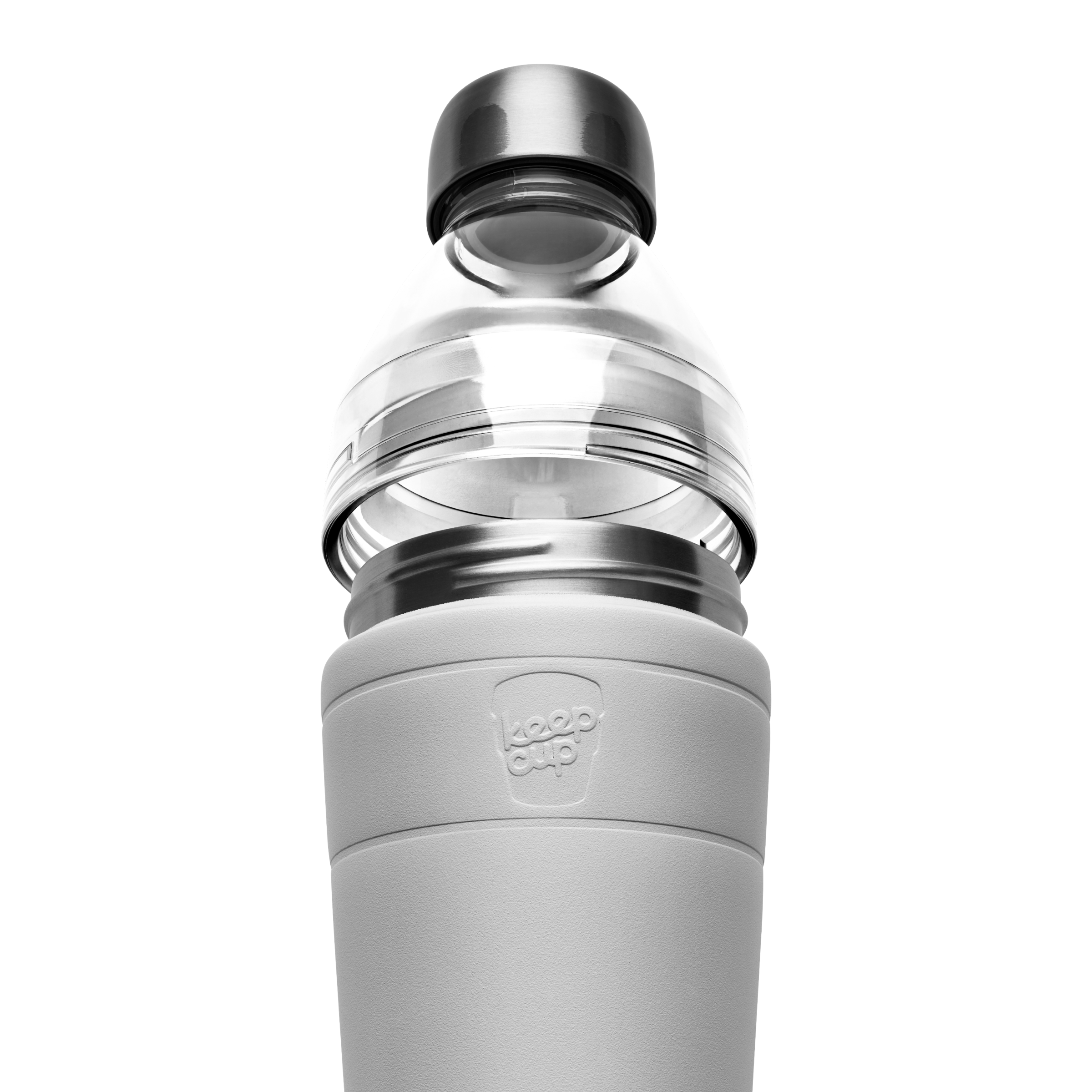 Close up of the clear top KeepCup water bottle opening on a white background