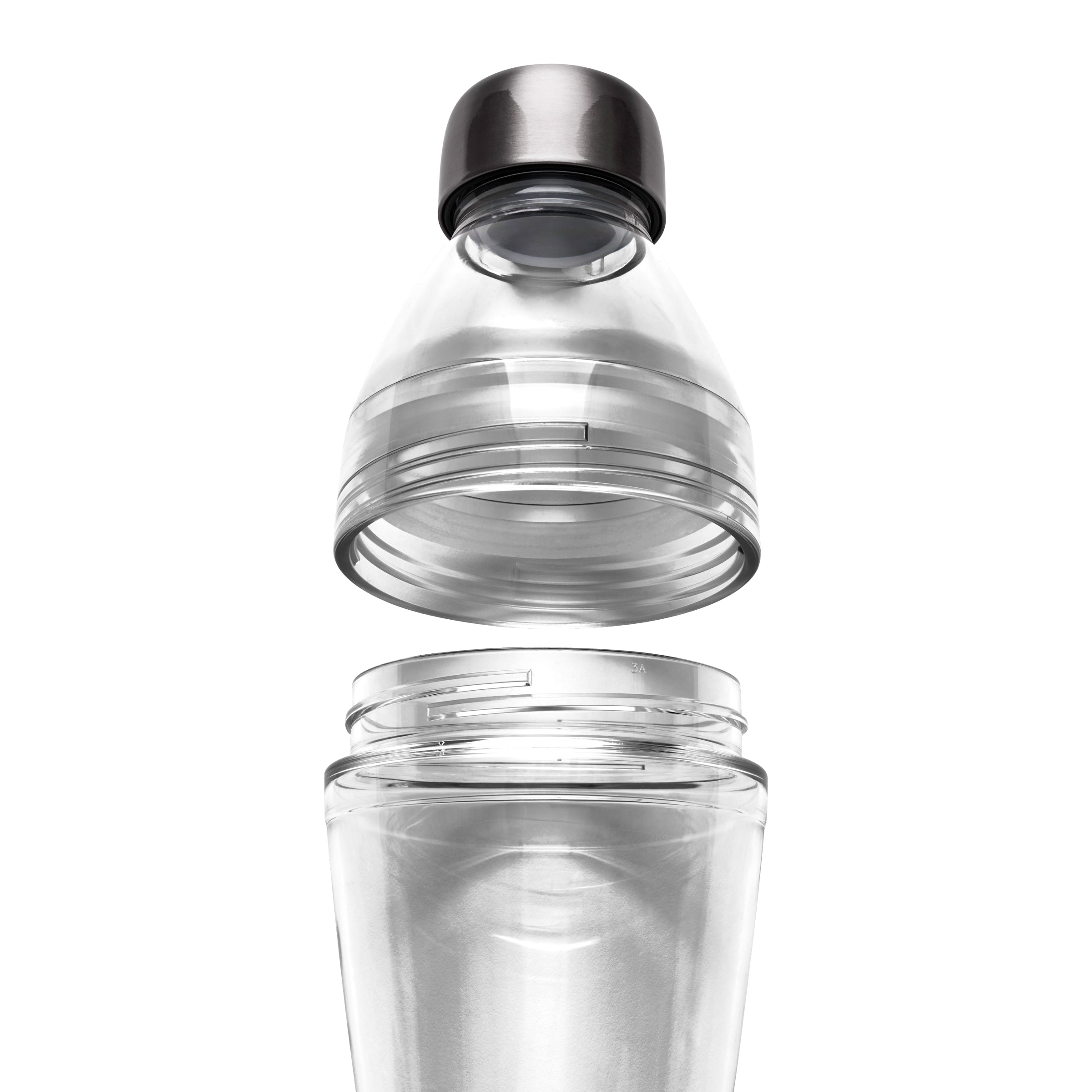 Clear KeepCup plastic water bottle with silver cap on a white background