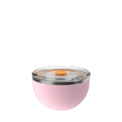 KeepCup Go Bowl Luxe in Pashmak Pink, featuring a soft pink rounded base with stainless steel rim and clear flat lid with orange press-fit seal, shown from a front angle against a white background.