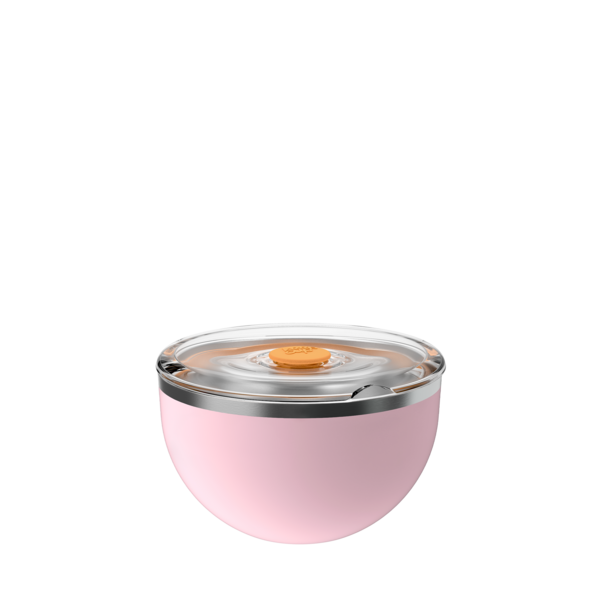 KeepCup Go Bowl Luxe in Pashmak Pink, featuring a soft pink rounded base with stainless steel rim and clear flat lid with orange press-fit seal, shown from a front angle against a white background.