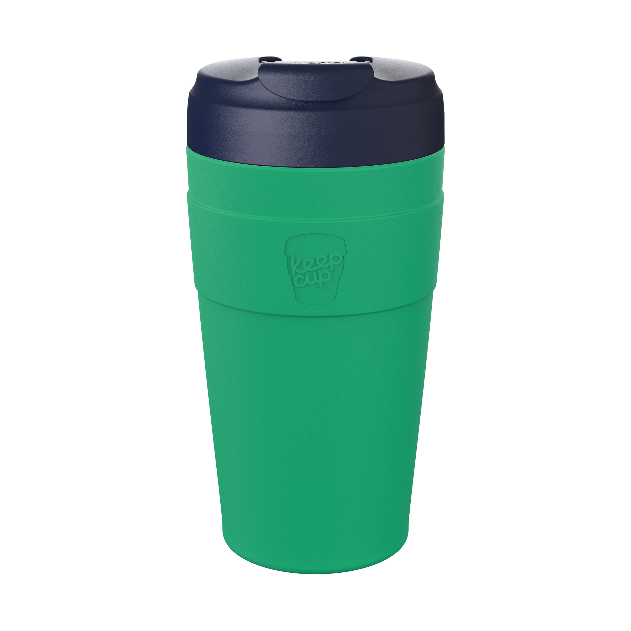 KeepCup Commuter L 16oz in Emerald Ink, featuring an emerald reusable cup and navy lid with sipper opening, shown in a straight-on product shot against a white background.