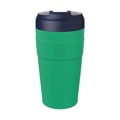 KeepCup Commuter L 16oz in Emerald Ink, featuring an emerald reusable cup and navy lid with sipper opening, shown in a straight-on product shot against a white background.