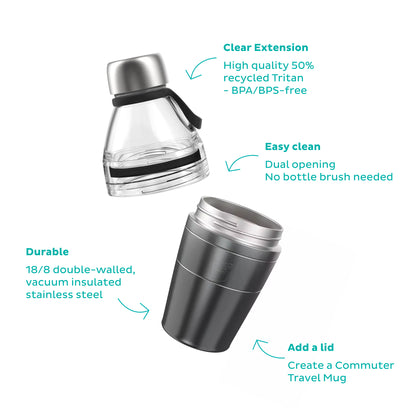 KeepCup modular stainless steel and Tritan water bottle with features highlighted on a white background