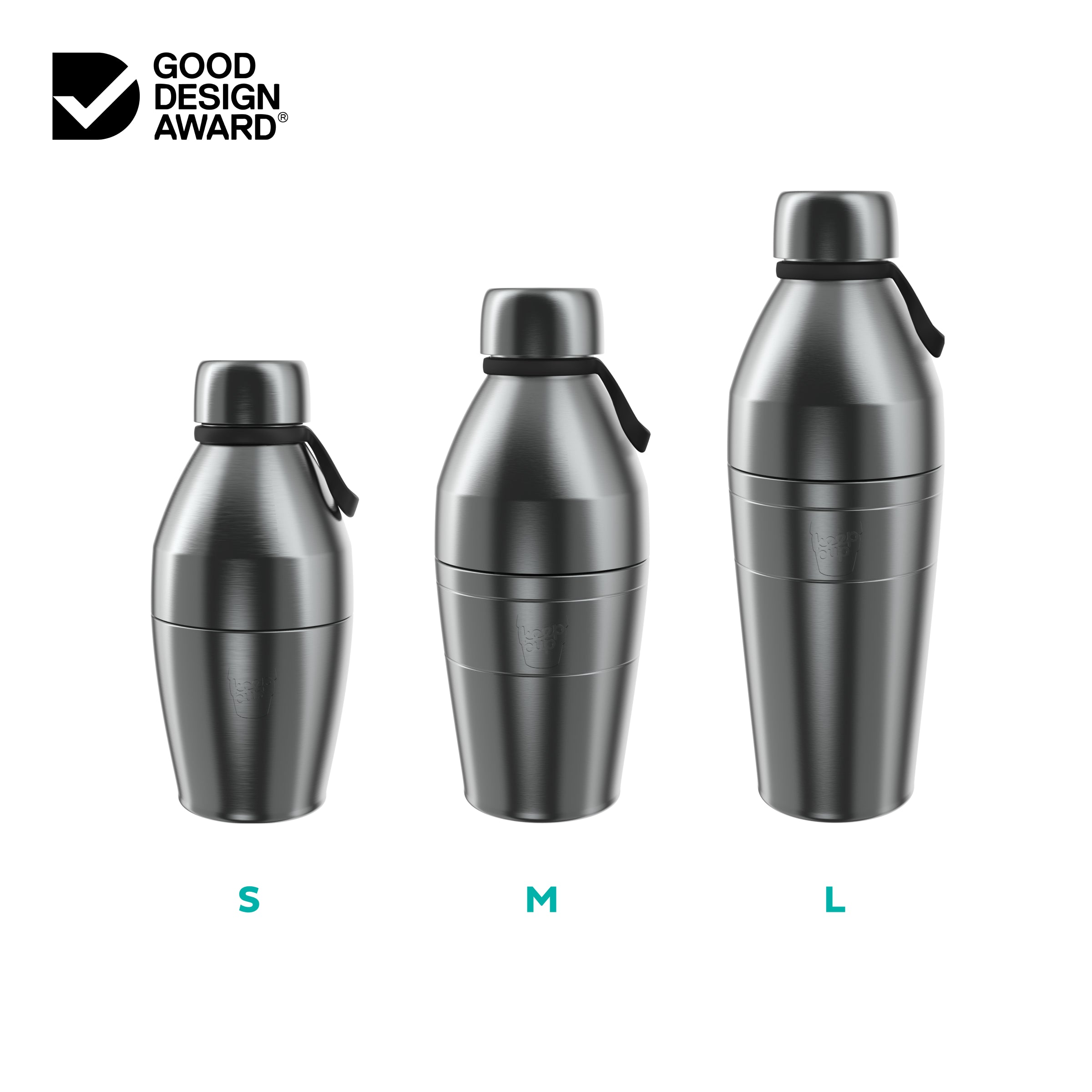 size guide of 3 KeepCup bottles with 'S', 'M', and 'L' labels, featuring the Good Design Award logo.