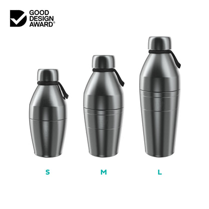 size guide of 3 KeepCup bottles with 'S', 'M', and 'L' labels, featuring the Good Design Award logo.