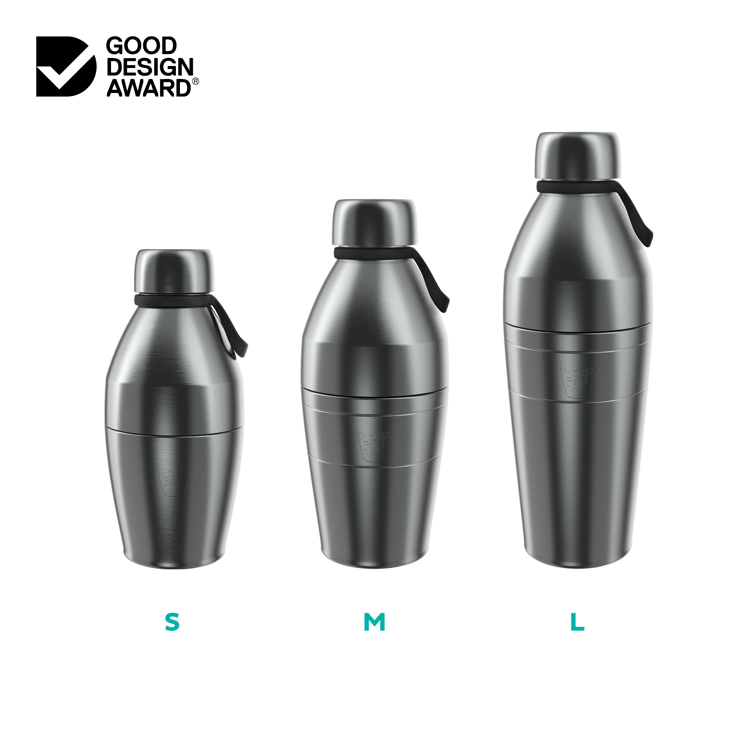 Size guide of KeepCup Helix Bottles in Nitro stainless steel on a white background with 'Good Design Award' logo.