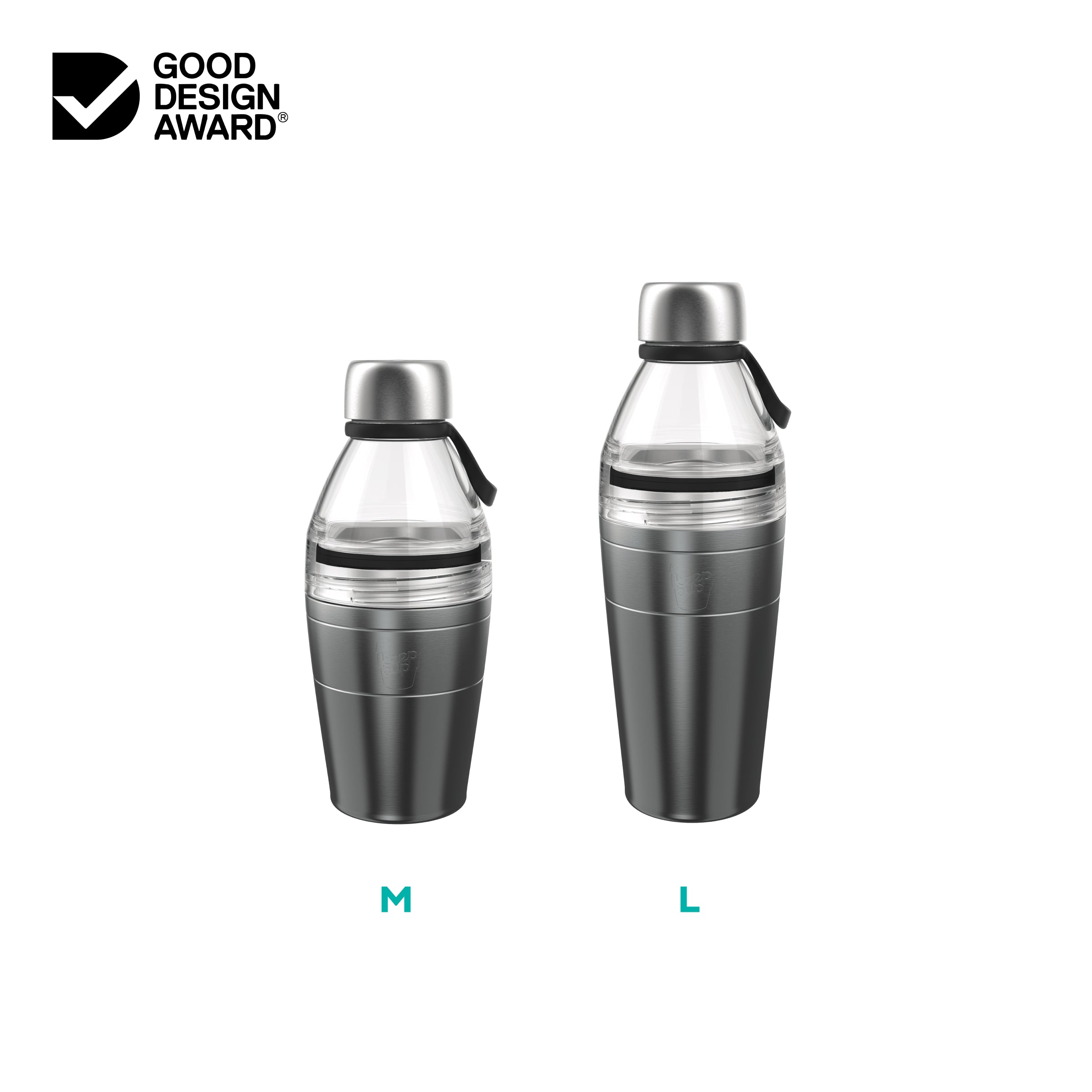 KeepCup Nitro stainless steel water bottle size guide on a white background with Good Design Award logo.