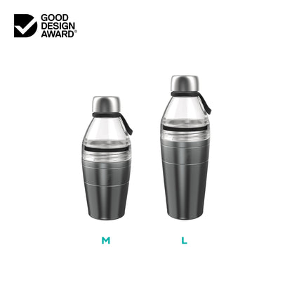 KeepCup Nitro stainless steel water bottle size guide on a white background with Good Design Award logo.