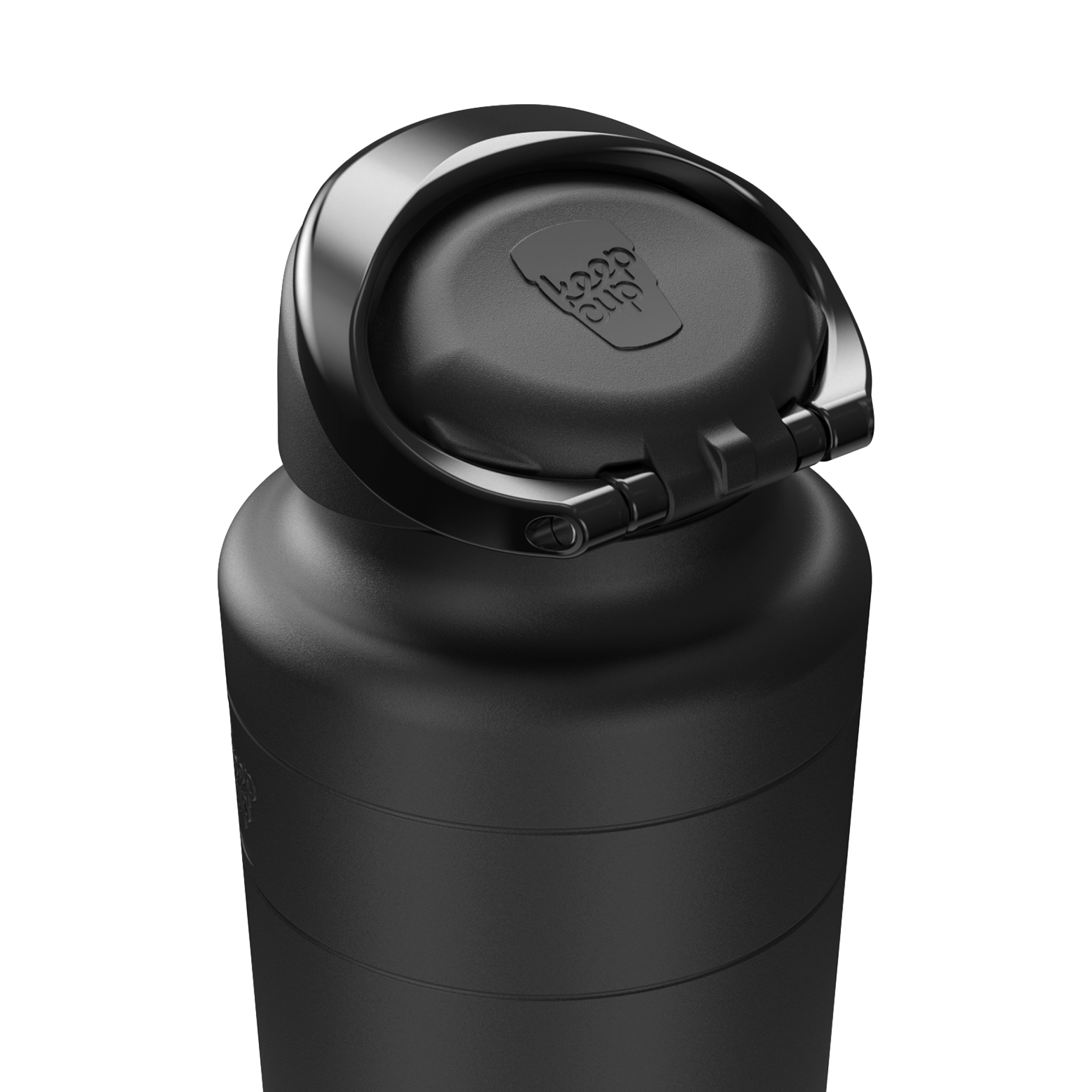Close-up angled view of the Ora Bottle  in Black, showcasing the flip-top lid with embossed KeepCup logo in the open position, highlighting the matte black stainless steel body with horizontal ridged detailing.