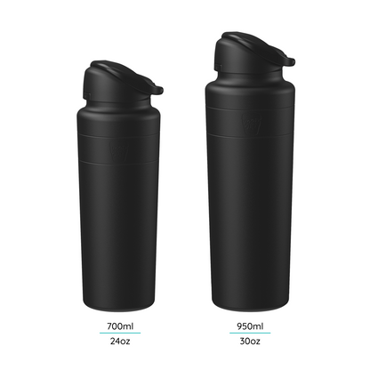 KeepCup Ora Bottle in Black shown in two sizes side by side against a white background, featuring the 700ml (24oz) on the left and 950ml (30oz) on the right, both with flip-top lids and a matte black finish.
