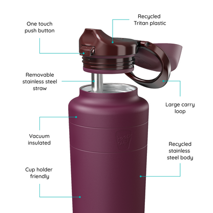 KeepCup Ora Bottle in Mulberry, shown in an annotated product diagram highlighting key features: one touch push button, recycled Tritan plastic lid, removable stainless steel straw, large carry loop, vacuum insulated recycled stainless steel body, and cup holder friendly design.