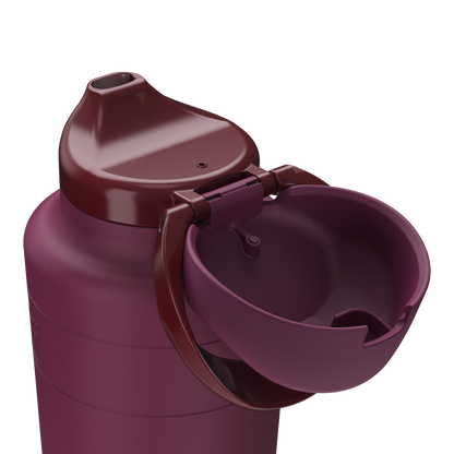 KeepCup Ora Bottle in Mulberry, close-up detail shot showing the flip-top lid mechanism open with the drinking spout exposed and the protective cap hinged to the side.