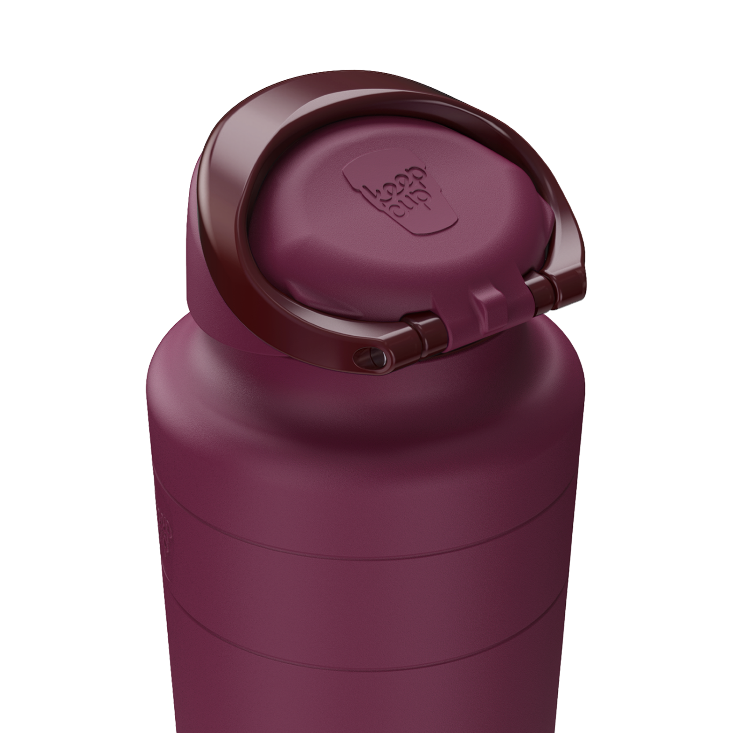 Close-up angled view of the Ora Bottle in Mulberry, highlighting the flip-top lid with embossed KeepCup logo and integrated carry handle in a deep burgundy color.