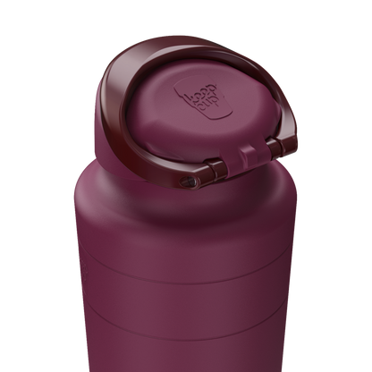 Close-up angled view of the Ora Bottle in Mulberry, highlighting the flip-top lid with embossed KeepCup logo and integrated carry handle in a deep burgundy color.