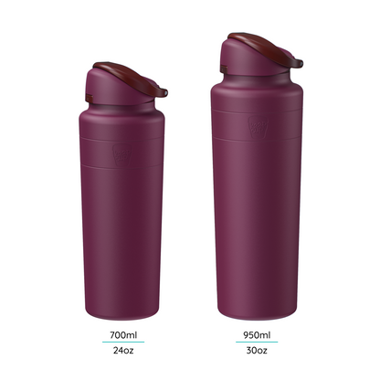 Two KeepCup Ora Bottles in Mulberry shown side by side, displaying the 700ml (24oz) and 950ml (30oz) size options, featuring a deep plum matte finish with matching flip-top lids.