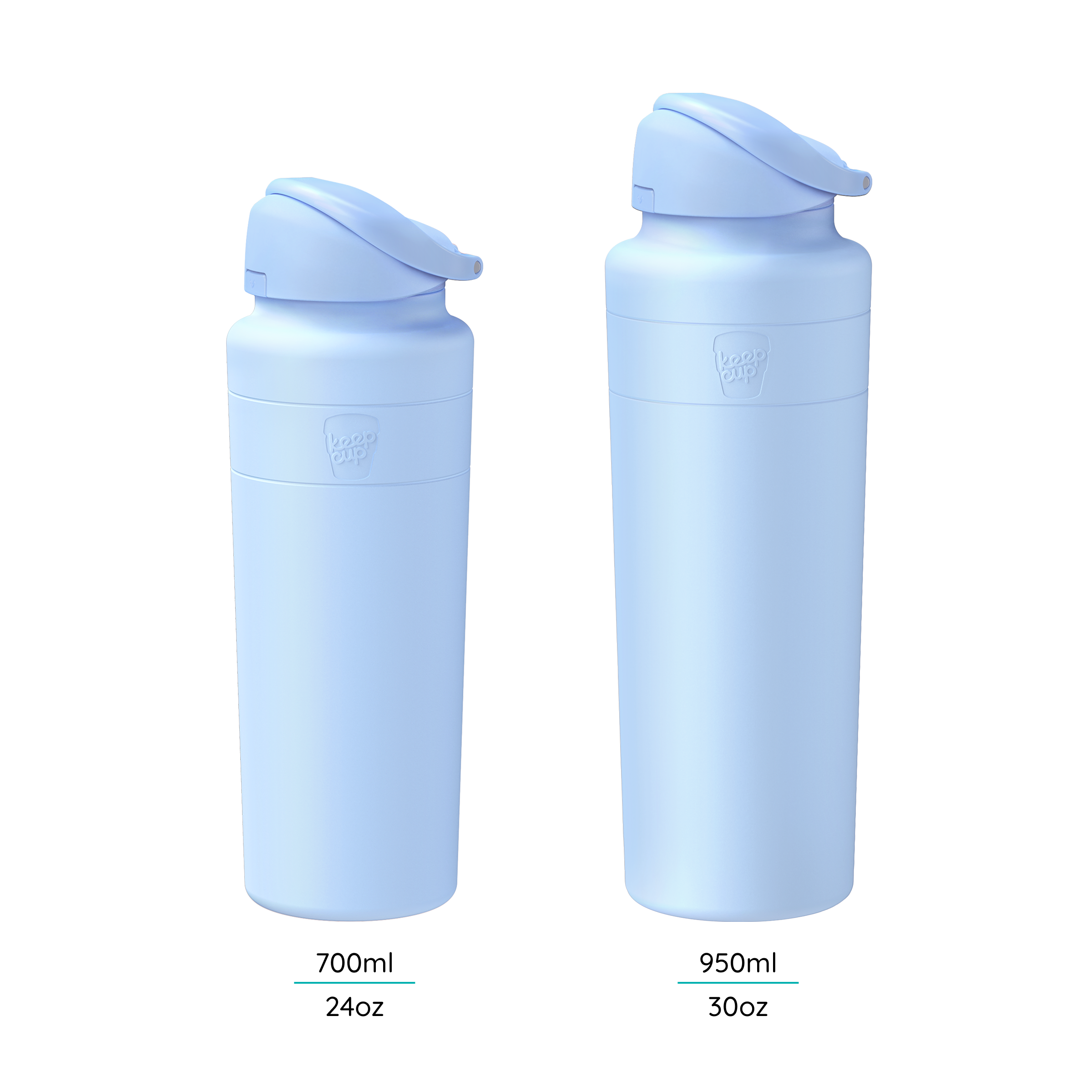 Two KeepCup Ora Bottles in Orchid shown side by side against a white background, displaying the 700ml (24oz) and 950ml (30oz) size options, each featuring a light blue matte finish with flip-top lid.