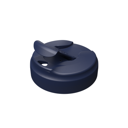 Navy blue KeepCup Commuter Flip Lid shown at a three-quarter angle on a white background, featuring the hinged flip-top closure in the open position and the drinking spout opening visible.