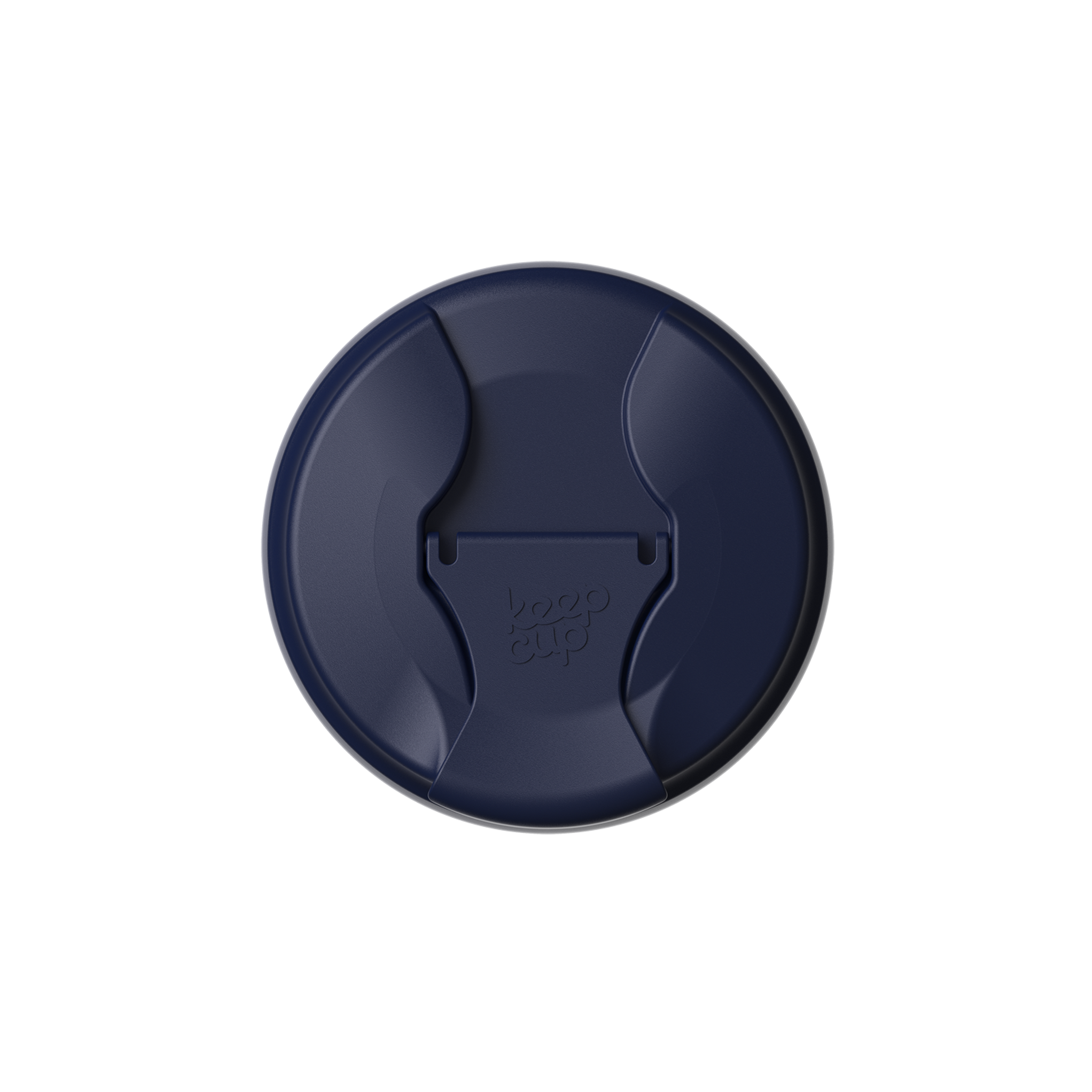 Top-down view of the KeepCup Commuter Flip Lid in Navy, showing the circular lid with curved drinking opening and flip closure tab embossed with the KeepCup logo.