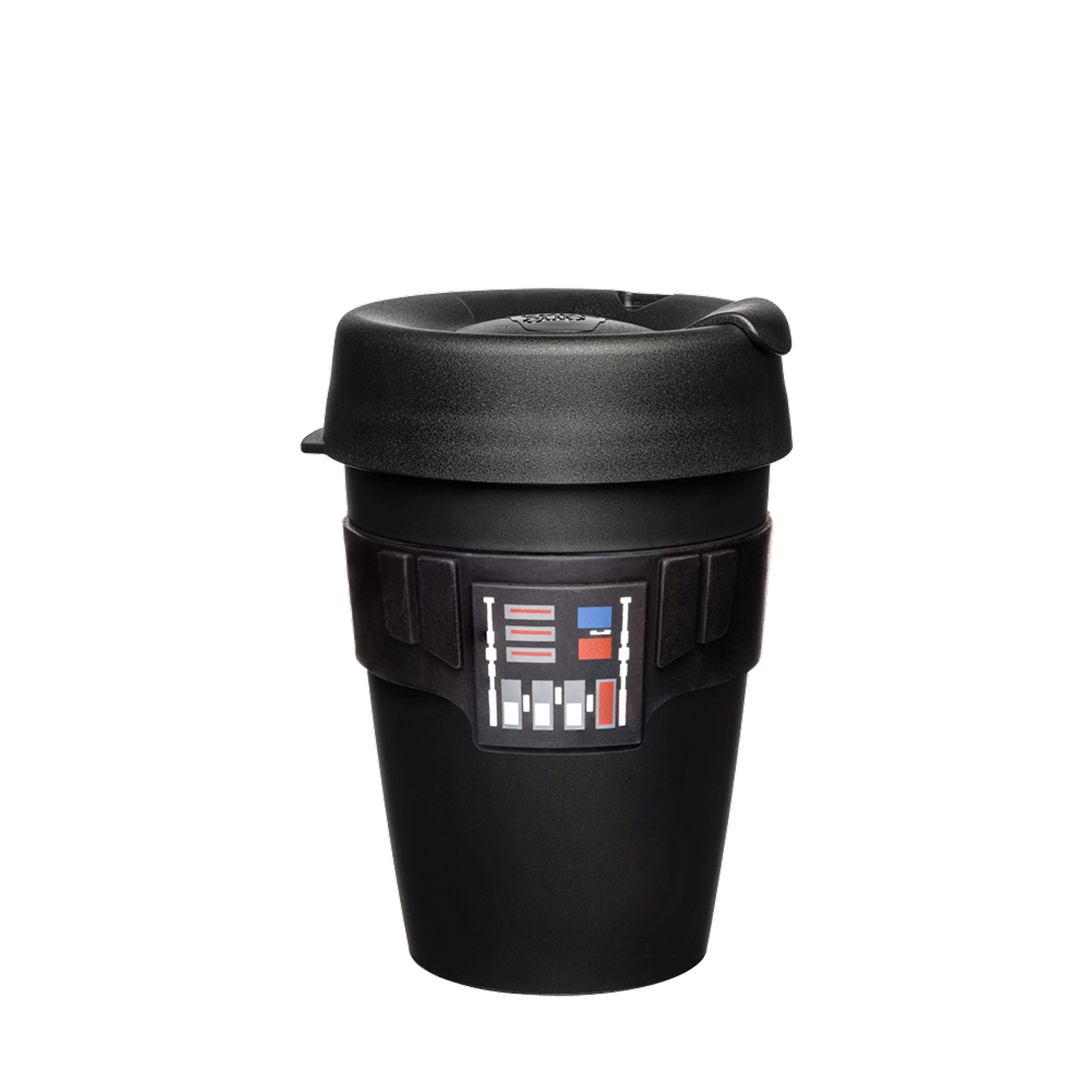 Darth Vader Original M 12oz reusable coffee cup in black, shown against a white background. The cup features the iconic Darth Vader chest control panel design on the band and has a black lid with a flip-top closure.