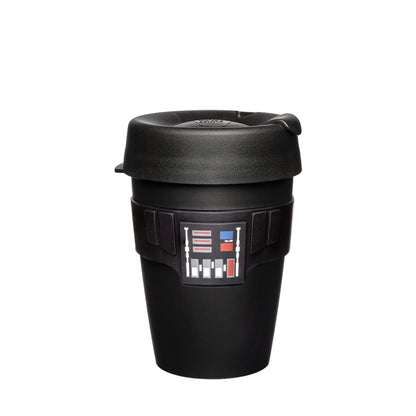 Darth Vader Original M 12oz reusable coffee cup in black, shown against a white background. The cup features the iconic Darth Vader chest control panel design on the band and has a black lid with a flip-top closure.
