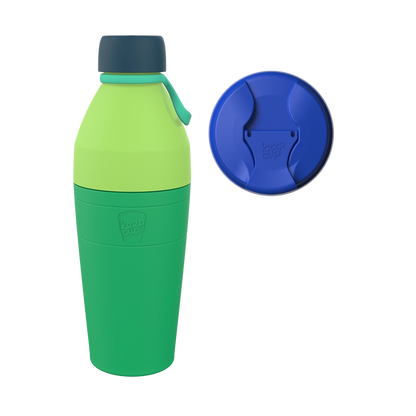 KeepCup Commuter Bundle L 22oz in Electric blue, showing a two-tone green reusable bottle with dark teal cap and turquoise carry loop alongside a blue sipper lid viewed from above.