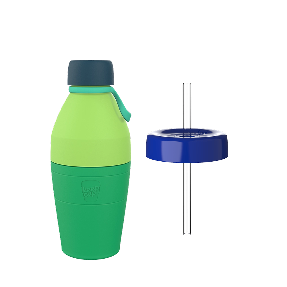 KeepCup Helix Bundle M 18oz in Electric Blue, showing a green and lime two-tone reusable bottle with dark teal cap and carry loop alongside a navy blue straw lid with clear plastic straw.