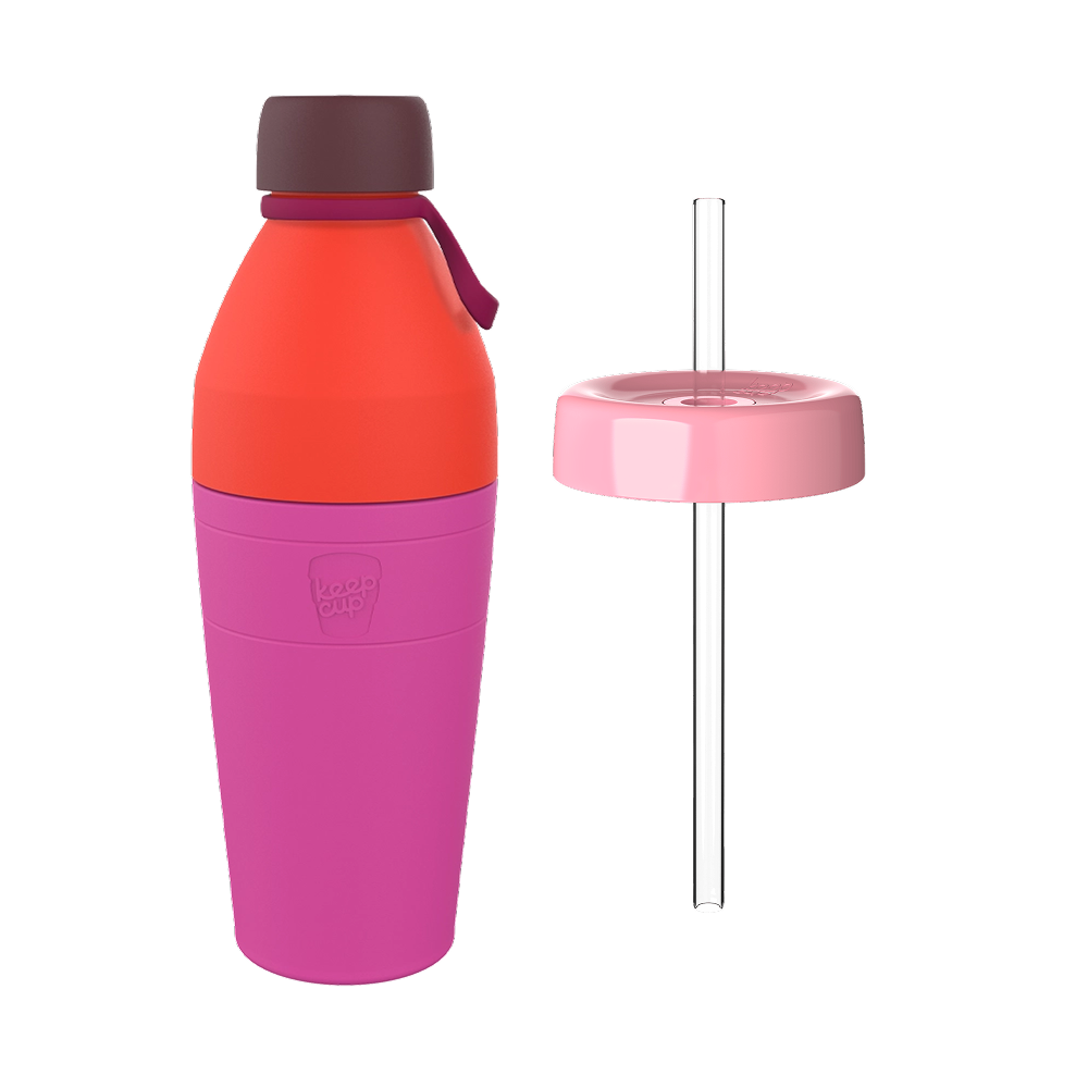 KeepCup Helix Bundle L 22oz in Fuchsia featuring a two-tone reusable bottle with coral top section, pink lower sleeve, dark burgundy cap with carry loop, shown alongside a pink straw lid with clear plastic straw.