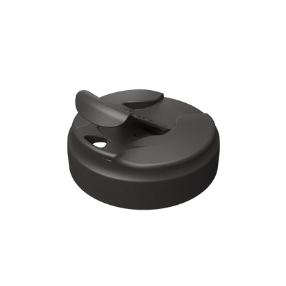 Black KeepCup Commuter Flip Lid shown at an angled view against a white background, displaying the flip-top closure mechanism and drinking spout in the closed position.