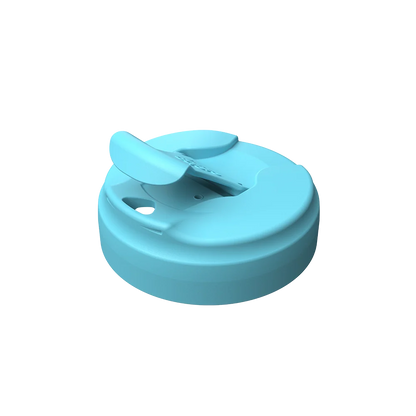 KeepCup Commuter Flip Lid in Cloud, shown at an angle with the flip tab open, revealing the drinking spout and small ventilation hole on the light blue lid.