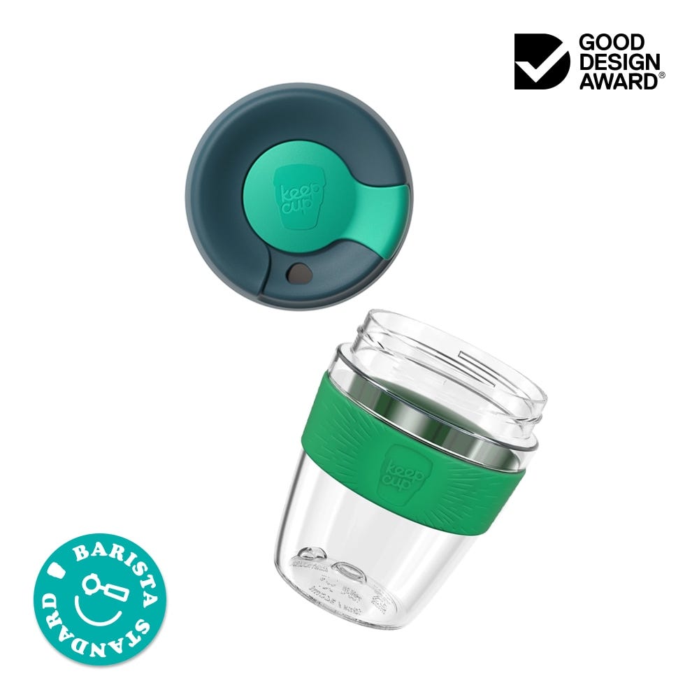 KeepCup Traveller Light Components. Plastic cup base, silicone band, plastic lid