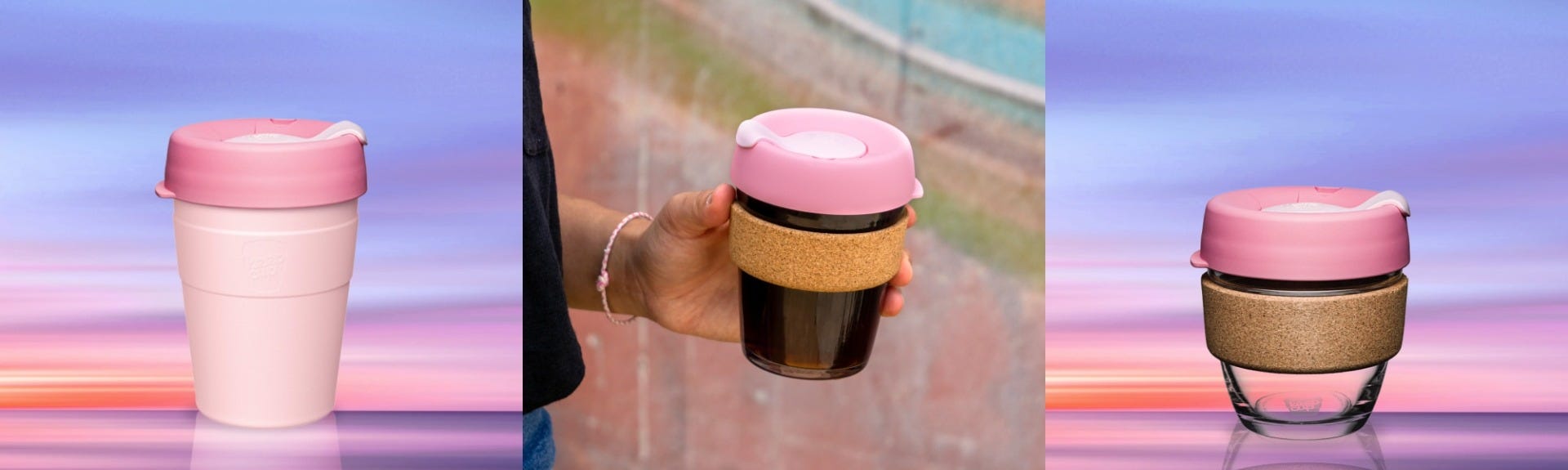 3 images showing a KeepCup Thermal cup on a sunset background, a woman holding a Brew Cork full of black coffee, and a KeepCup 8oz Brew Cork on a sunset background.